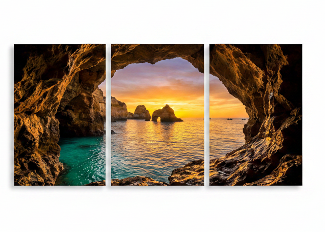 Algarve cave sunset triptych sea cave arch canvas wall art on white background - Portugal Canvas Co