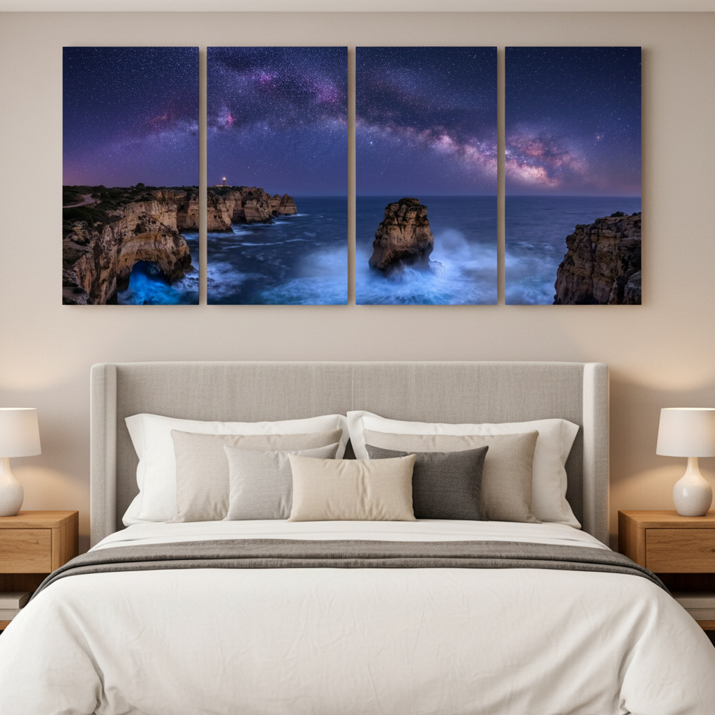 Algarve coast at night four-panel canvas wall art Milky Way seascape displayed in bedroom interior - Portugal Canvas Co