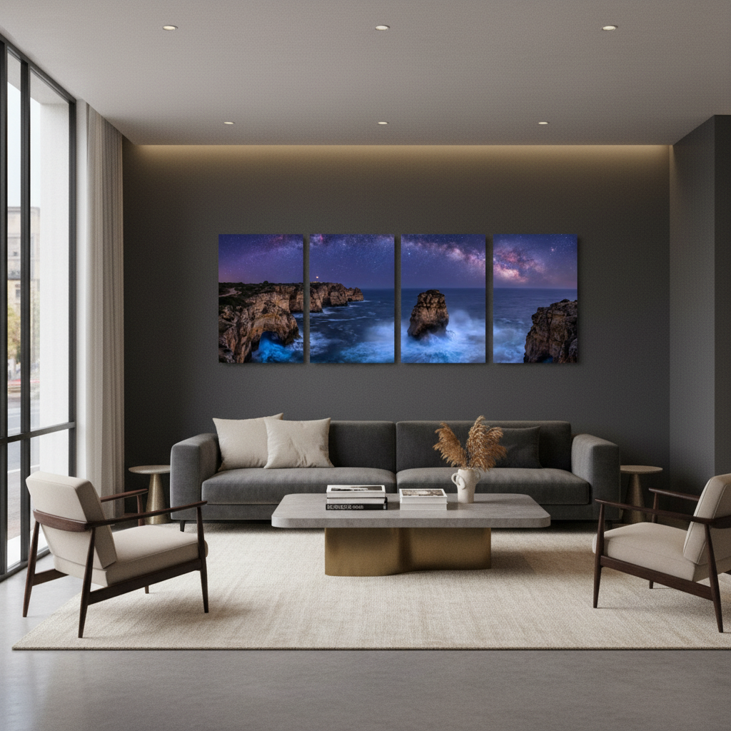 Algarve coast at night four-panel canvas wall art Milky Way seascape displayed in commercial interior - Portugal Canvas Co