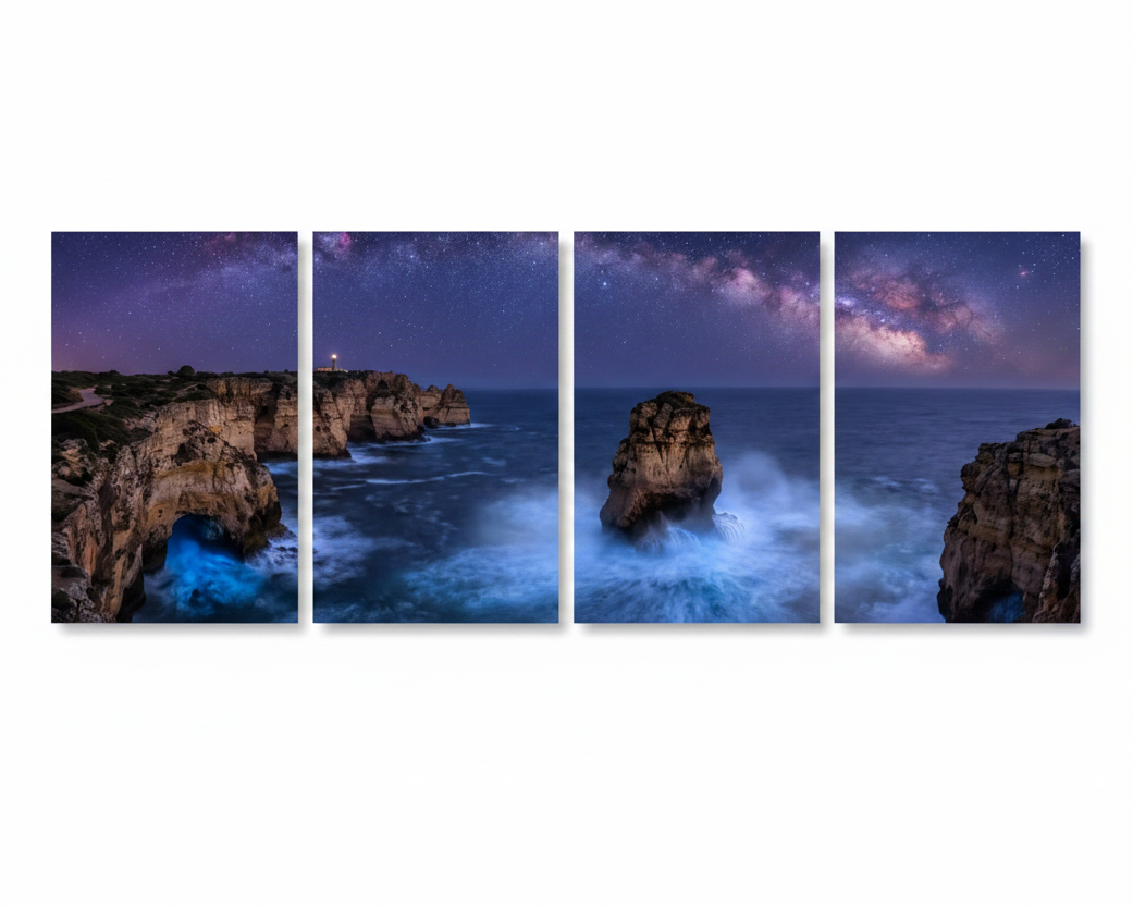 Algarve coast at night four-panel canvas wall art Milky Way seascape on white background - Portugal Canvas Co