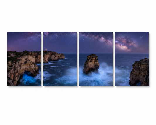 Algarve coast at night four-panel canvas wall art Milky Way seascape on white background - Portugal Canvas Co
