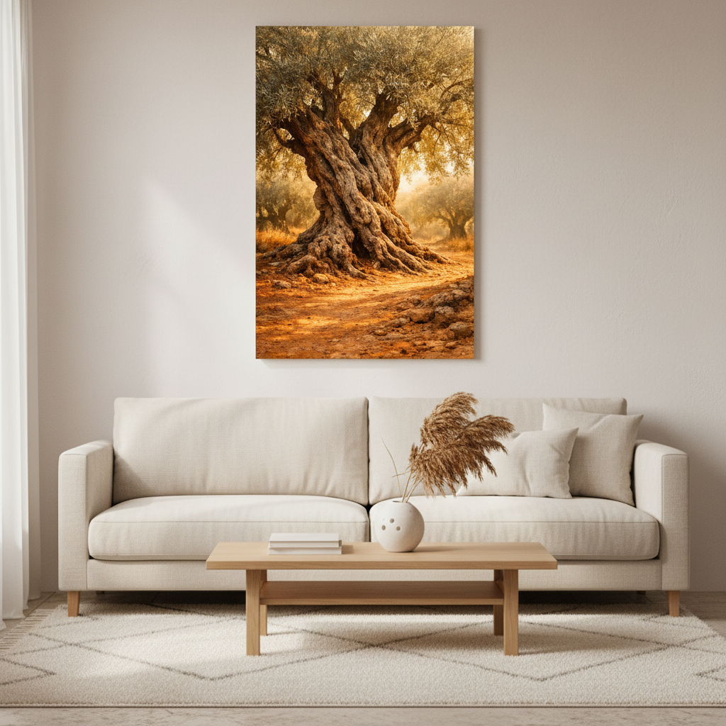 Ancient olive grove at golden hour Mediterranean landscape canvas wall art in living room interior - Portugal Canvas Co