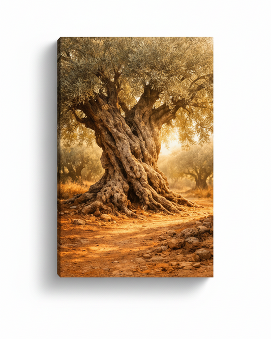 Ancient olive grove at golden hour Mediterranean landscape canvas wall art on white background - Portugal Canvas Co

