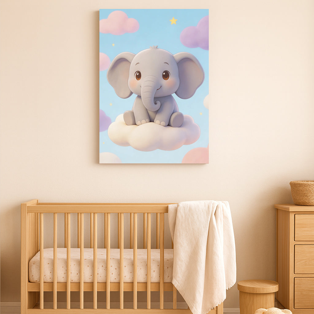 Lienzo infantil de elefante – Lámina de elefante bebé sobre nube para la decoración de la habitación del bebé