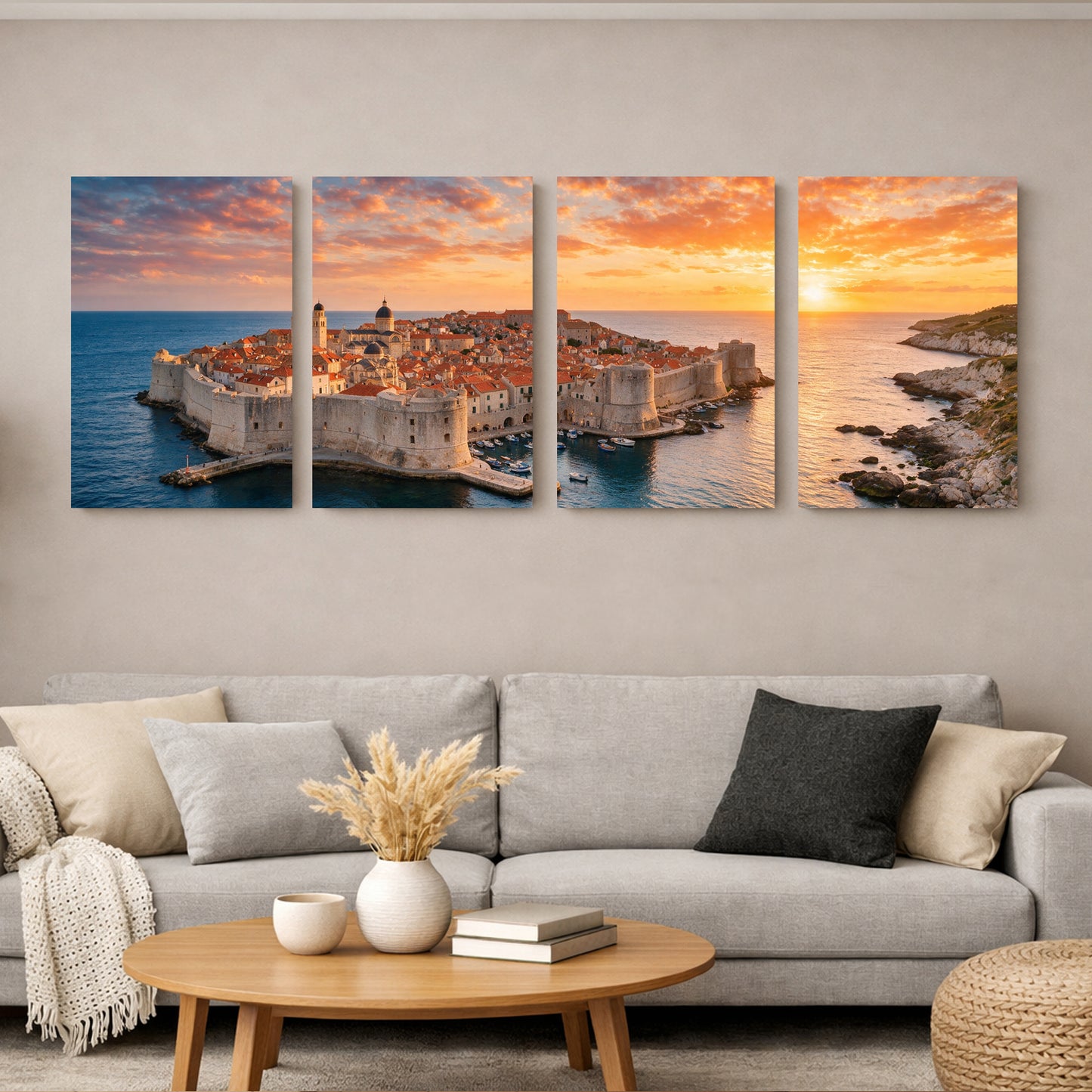 Dubrovnik Old Town sunset four-panel canvas wall art displayed above a sofa, showing ancient city walls, terracotta rooftops and the Adriatic Sea under a golden sky - Portugal Canvas Co