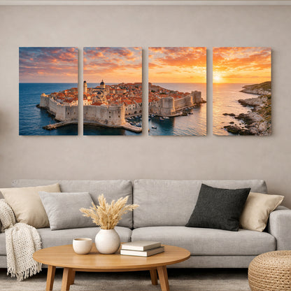 Dubrovnik Old Town sunset four-panel canvas wall art displayed above a sofa, showing ancient city walls, terracotta rooftops and the Adriatic Sea under a golden sky - Portugal Canvas Co