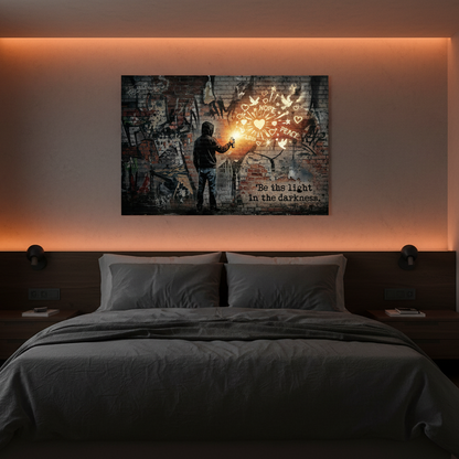 3. Bedroom (suggested main): Be the Light in the Darkness Banksy-style graffiti canvas wall art with hooded figure, glowing hearts and doves displayed 