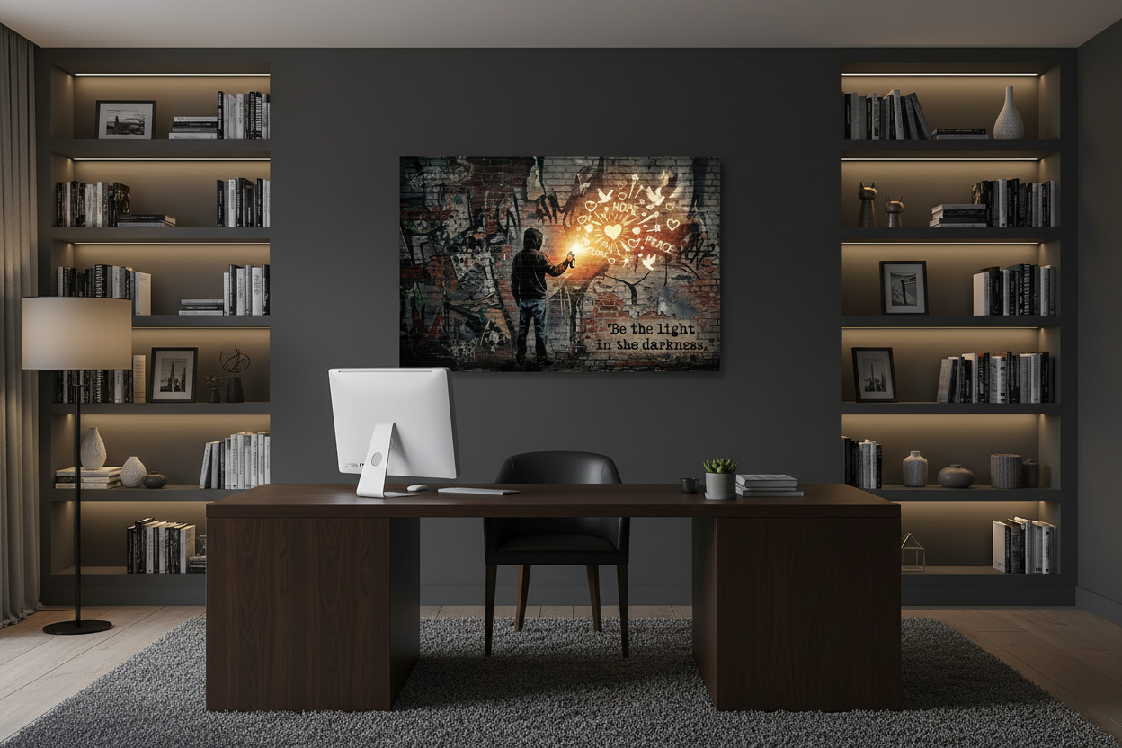 Be the Light in the Darkness Banksy-style graffiti canvas wall art with hooded figure, glowing hearts and doves displayed above a desk in a moody modern home office - Portugal Canvas Co


