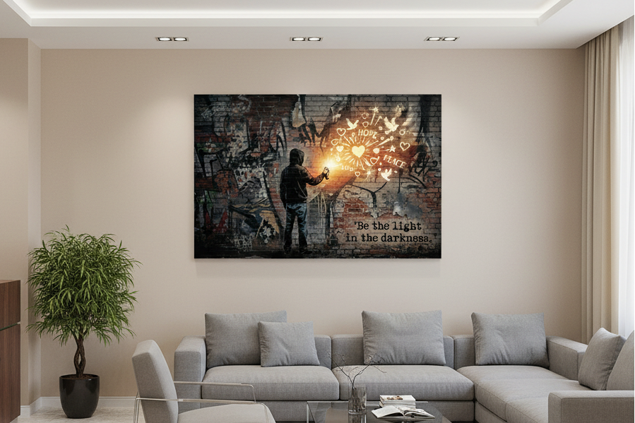 Be the Light in the Darkness Banksy-style graffiti canvas wall art displayed in a modern business reception area with soft seating and professional decor - Portugal Canvas Co