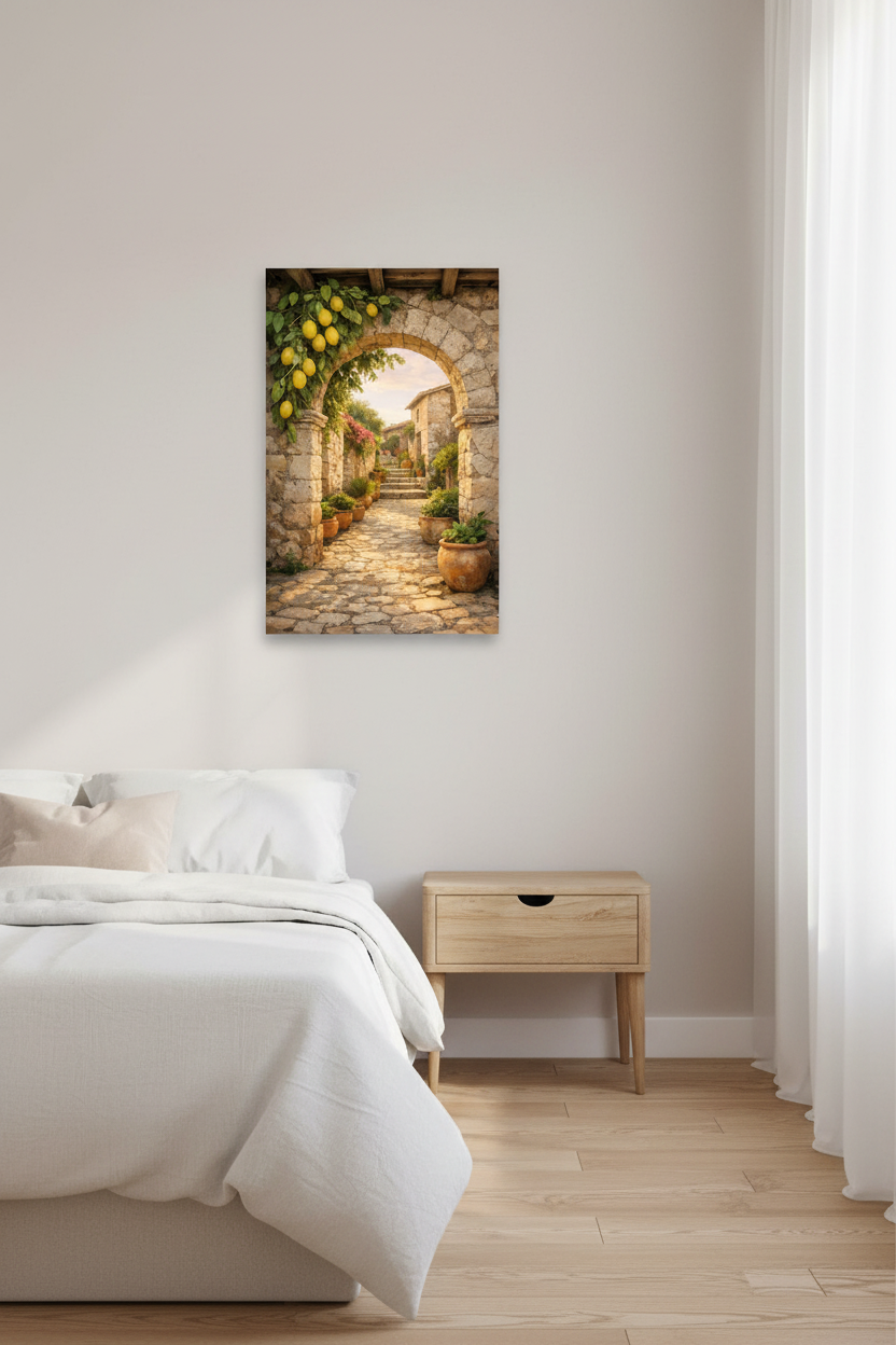 Mediterranean stone archway with lemon tree and terracotta pots canvas wall art displayed beside a window in a bright Scandinavian bedroom - Portugal Canvas Co