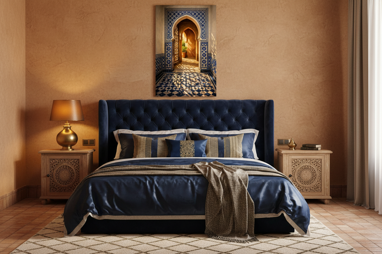 Moroccan archway with cobalt blue tiles canvas wall art above bed in luxurious bedroom with navy and cobalt bedding and brass lamp - Portugal Canvas Co