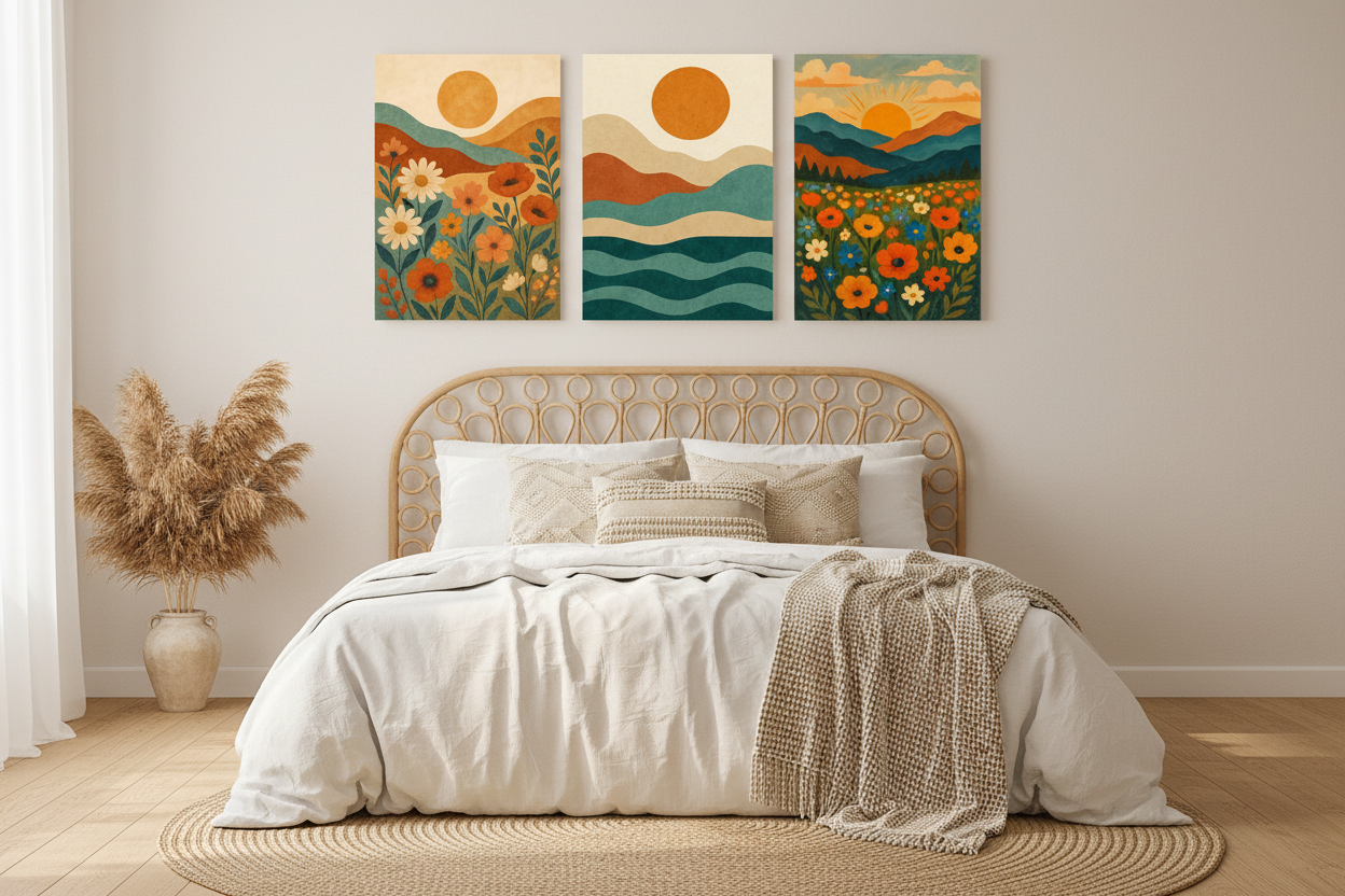 Boho nature 3-panel canvas wall art set with orange sun, teal waves and wildflowers displayed above a rattan headboard in a bright bohemian bedroom with pampas grass and natural textures - Portugal Canvas Co