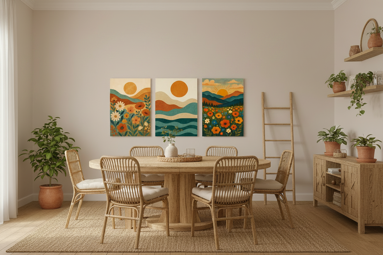 Boho nature 3-panel canvas wall art set with orange sun, teal waves and wildflowers displayed on the feature wall of a warm bohemian dining room with rattan chairs and terracotta pots - Portugal Canvas Co