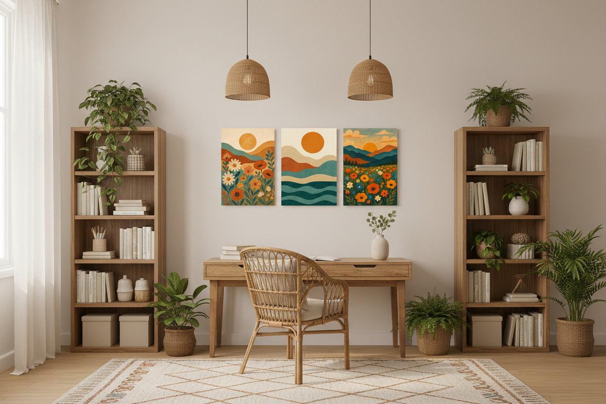 Boho nature 3-panel canvas wall art set with orange sun, teal waves and wildflowers displayed on the wall of a cosy bohemian home office with wooden desk, wicker chair and potted plants - Portugal Canvas Co