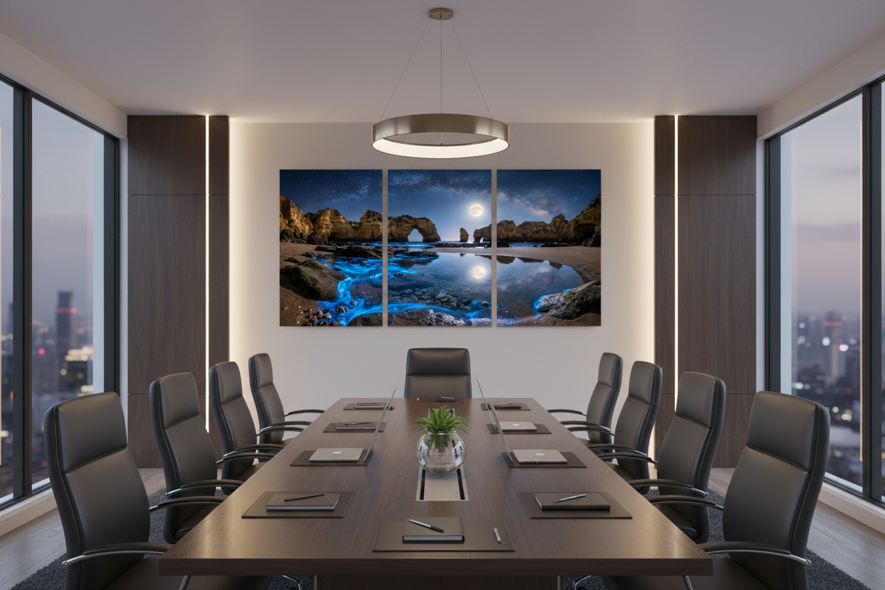 Algarve moonlit bioluminescent beach triptych canvas wall art displayed in a luxury boardroom conference room with city views - Portugal Canvas Co