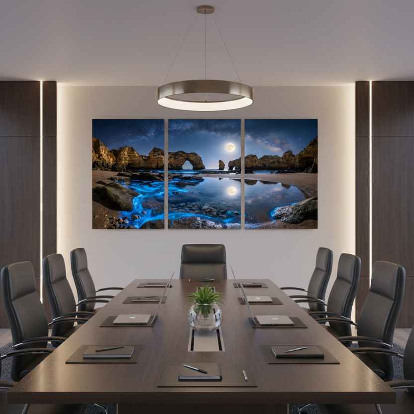 A modern conference room with a long wooden table, black office chairs, and large windows overlooking a city skyline. On the back wall, a three-panel canvas wall art print depicting a dramatic coastal rock arch and glowing blue water is displayed under a circular ceiling light.