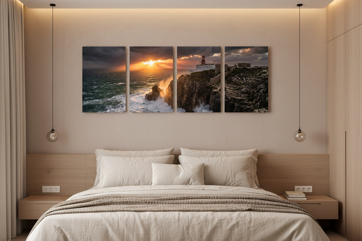 Bedroom: Cabo de São Vicente lighthouse four-panel canvas wall art displayed above bed in modern Scandinavian bedroom with neutral linen bedding and warm ambient lighting - Portugal Canvas Co