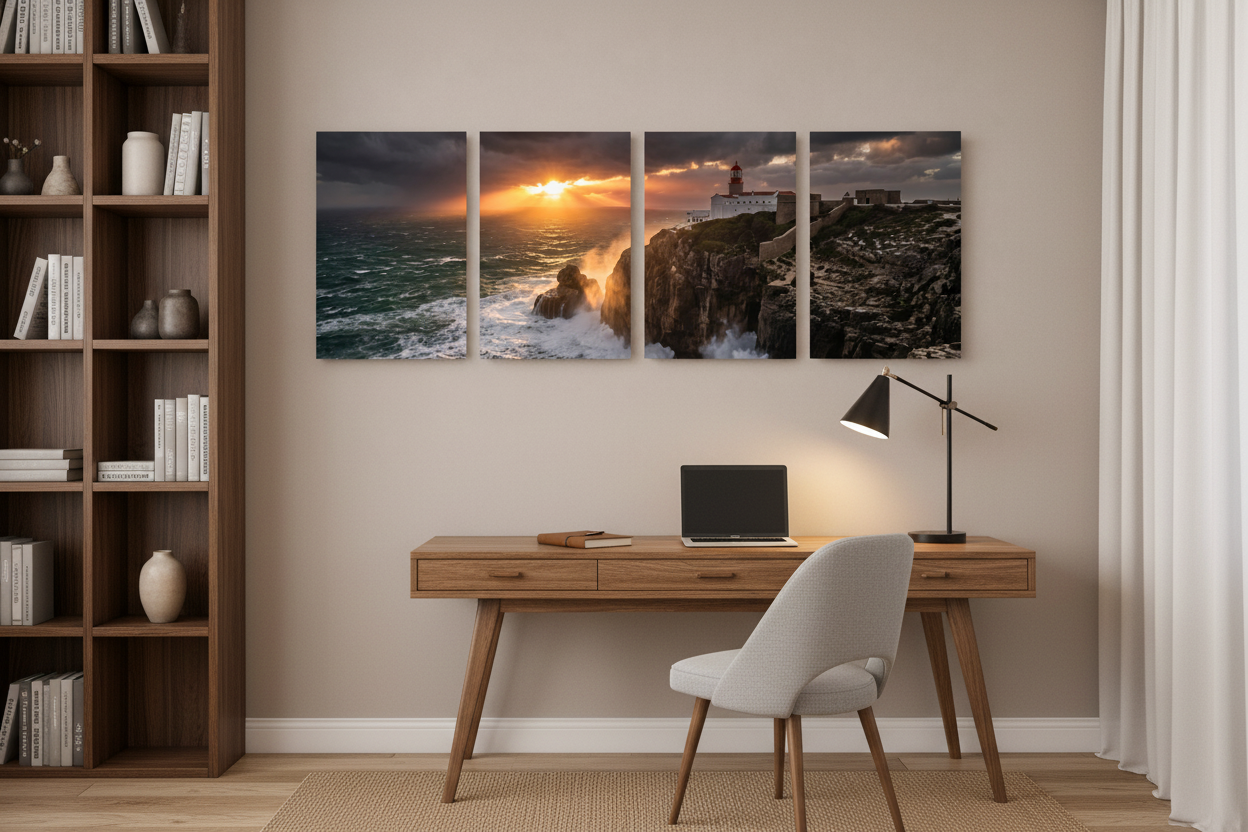 Cabo de São Vicente lighthouse four-panel canvas wall art displayed above wooden desk in stylish home study with warm lamp light and bookshelves - Portugal Canvas Co