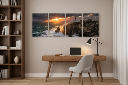 Cabo de São Vicente lighthouse four-panel canvas wall art displayed above wooden desk in stylish home study with warm lamp light and bookshelves - Portugal Canvas Co