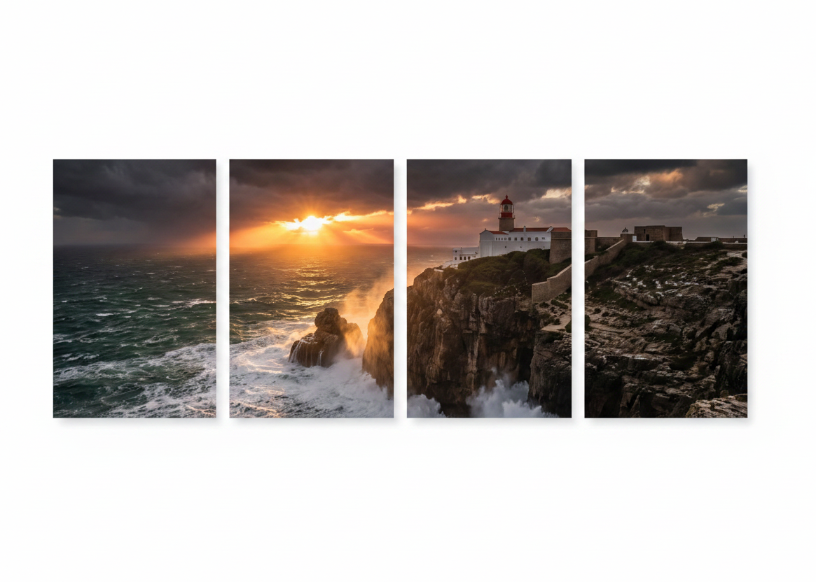 Cabo de São Vicente lighthouse four-panel canvas wall art set on white background, dramatic sunset over stormy Atlantic ocean with crashing waves on rocky cliffs - Portugal Canvas Co

