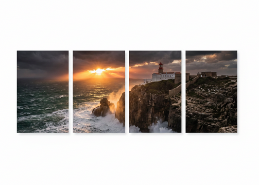 Cabo de São Vicente lighthouse four-panel canvas wall art set on white background, dramatic sunset over stormy Atlantic ocean with crashing waves on rocky cliffs - Portugal Canvas Co
