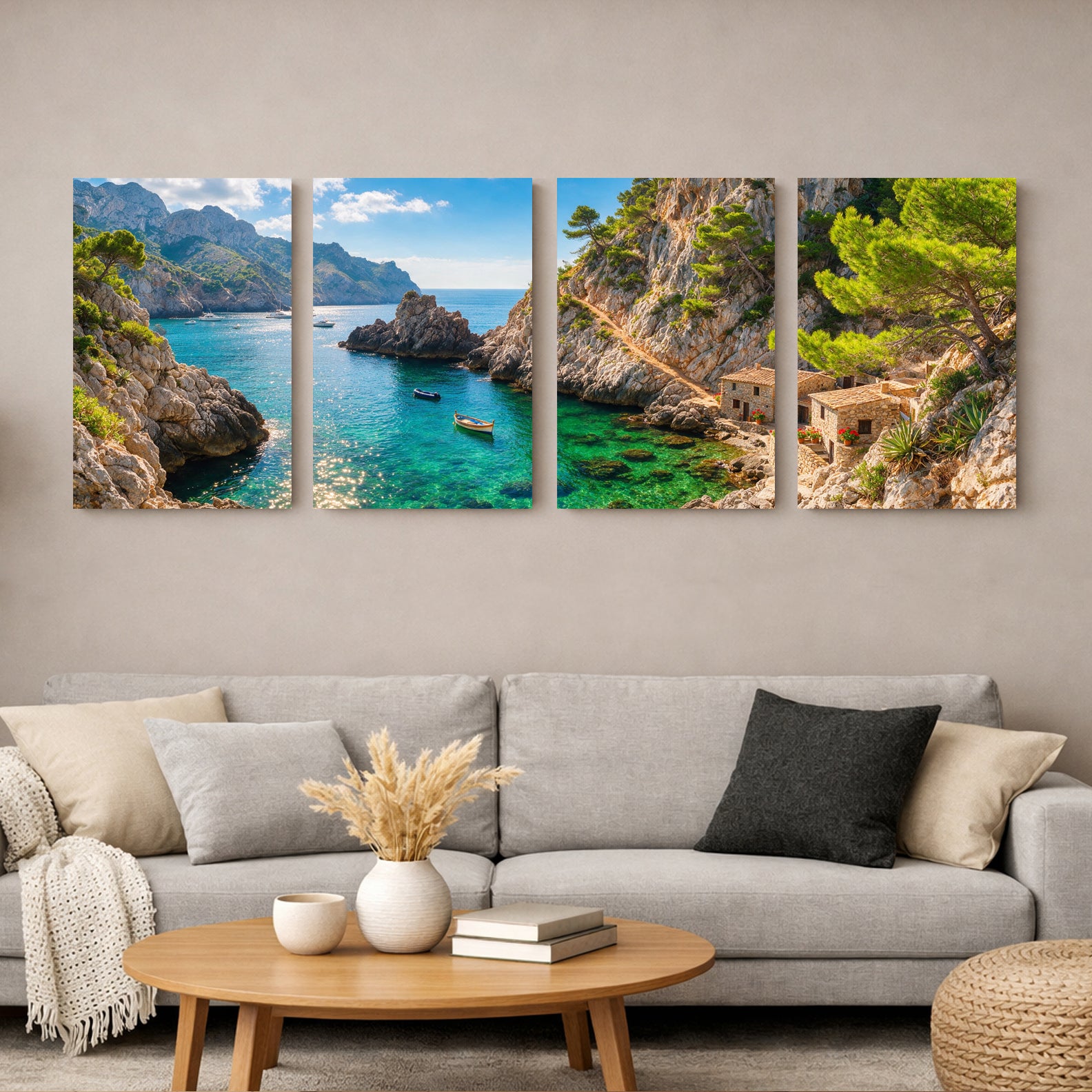 Hidden Mediterranean cove four-panel canvas wall art displayed above a light grey sofa in a bright Scandinavian living room with white walls - Portugal Canvas Co
