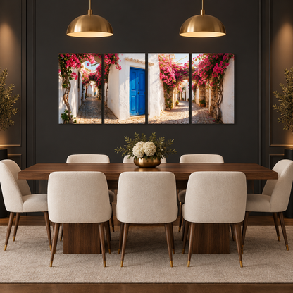 Albufeira Old Town bougainvillea four-panel canvas set in a charcoal dining room with brass pendant lights - Portugal Canvas Co