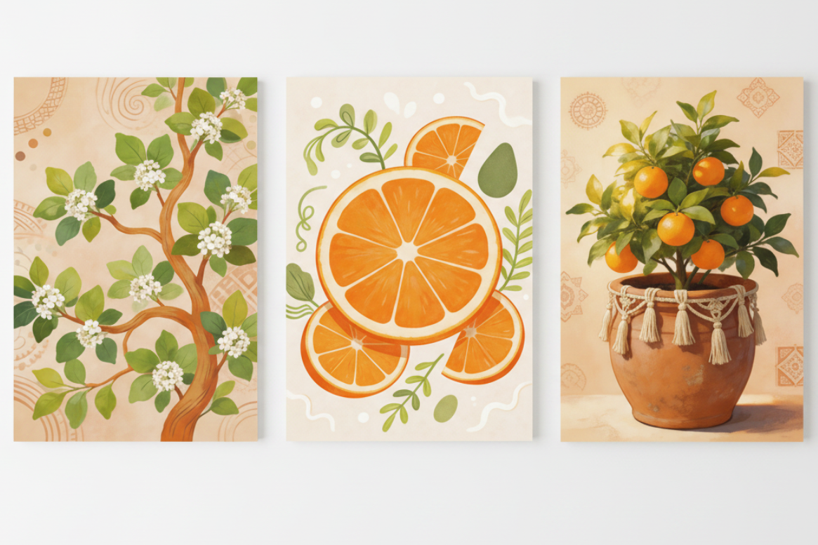Mediterranean citrus triptych canvas wall art set with orange blossom tree orange slices and potted orange tree flat lay on white background - Portugal Canvas Co