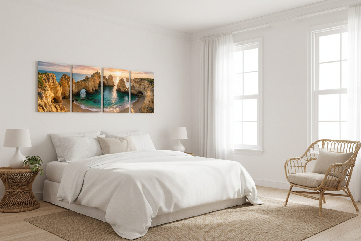 Ponta da Piedade Algarve sunset four panel canvas wall art displayed above a king-size bed with white linen in a bright coastal bedroom with rattan furniture - Portugal Canvas Co