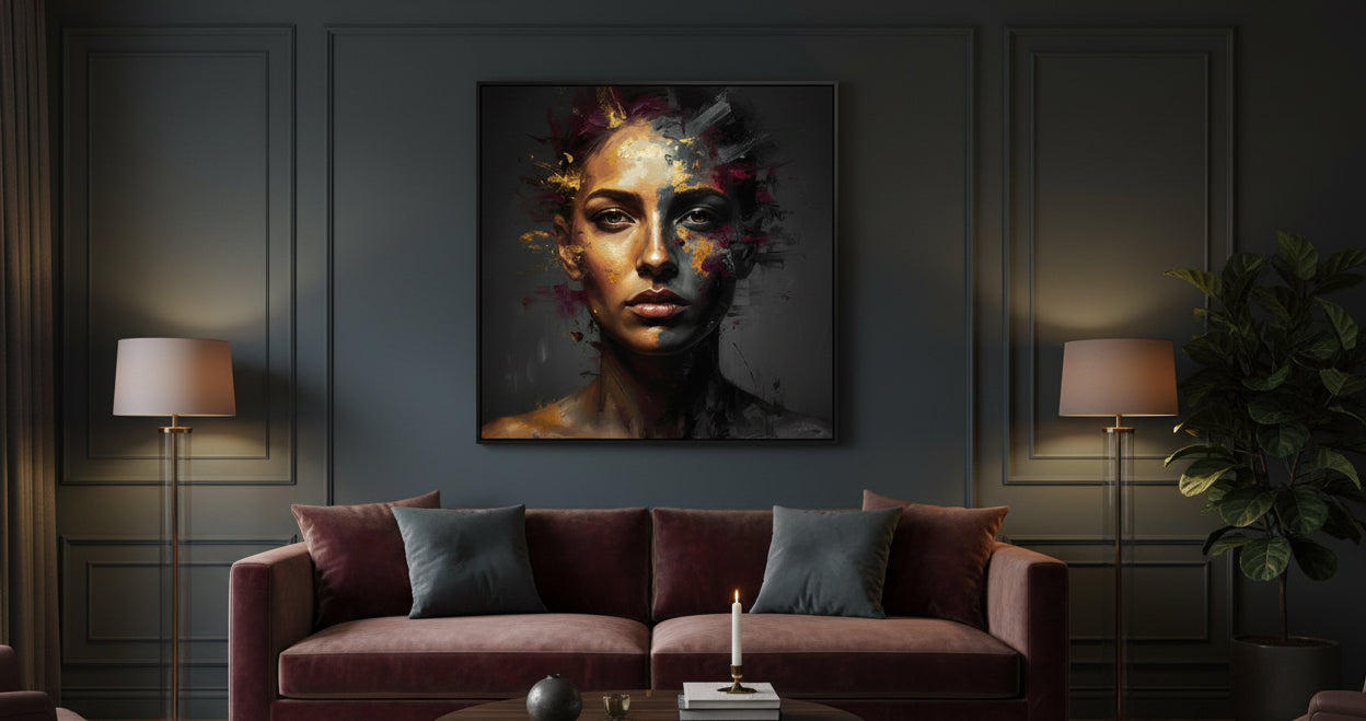 Three framed artworks above a wooden console table — flamenco dancer, coastal cliff with turquoise water, and vineyard path — softly lit with neutral shadows for natural depth.