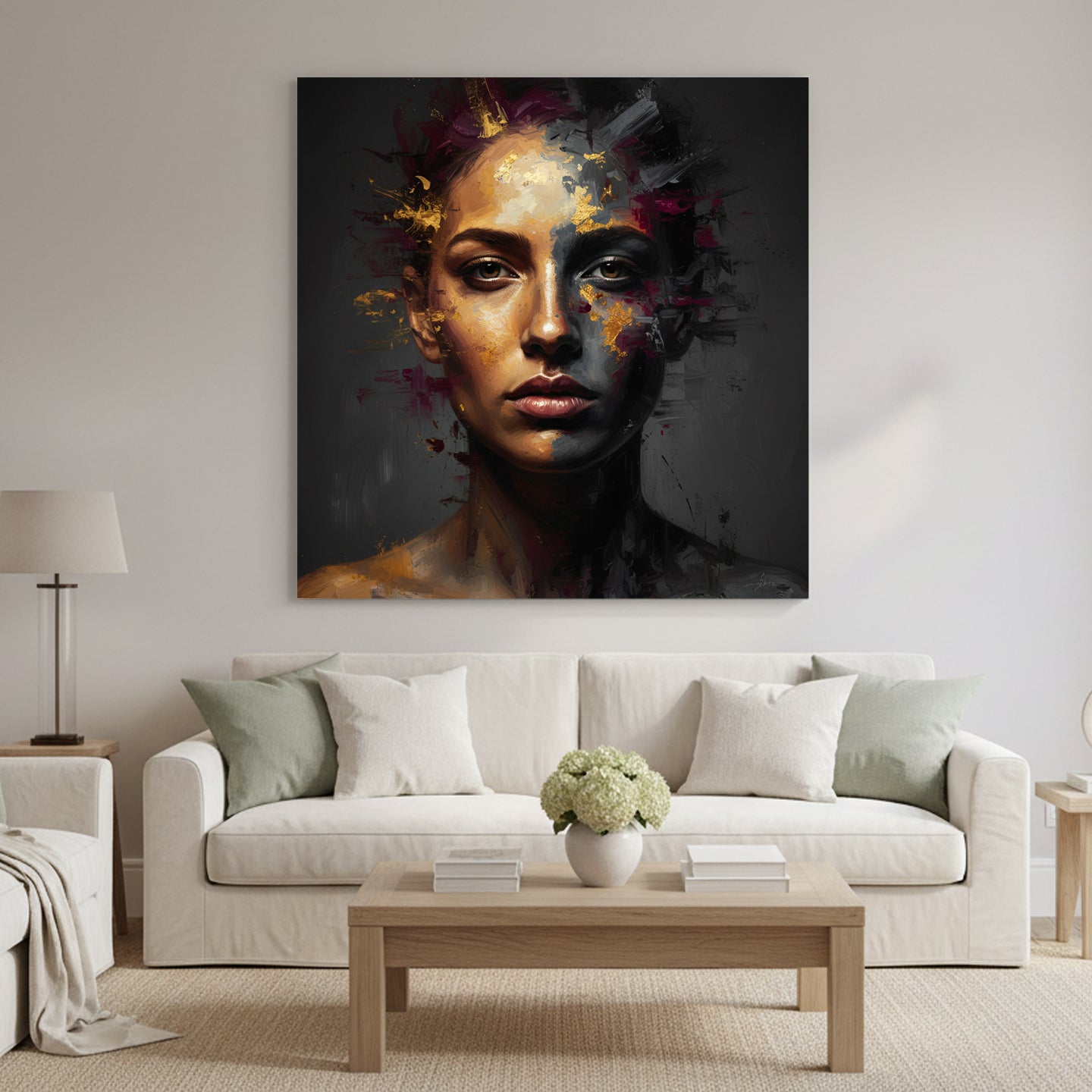 Large expressive gold and charcoal portrait painting hanging above a light modern sofa in a neutral living room.