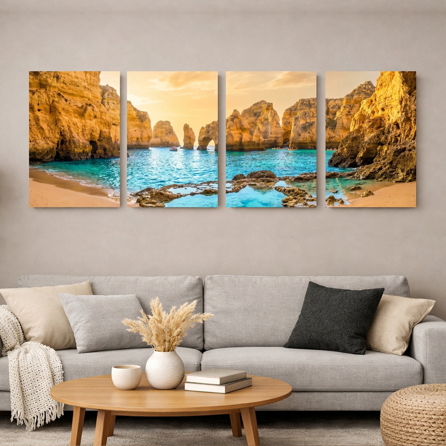 Ponta da Piedade four-panel canvas wall art Algarve golden limestone arches displayed in living room interior - Portugal Canvas Co