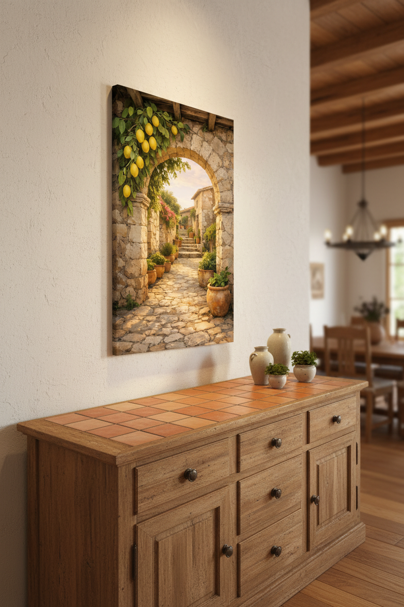 Mediterranean stone archway with lemon tree and terracotta pots canvas wall art displayed above a wooden sideboard in a warm Mediterranean dining room - Portugal Canvas Co