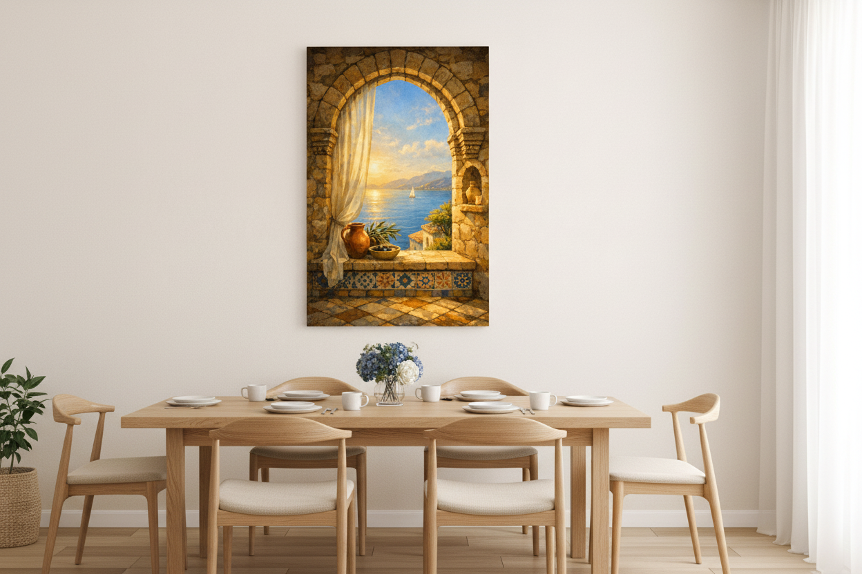 Mediterranean sunset archway canvas print in minimalist coastal dining room with oak table and blue and white flowers - Portugal Canvas Co