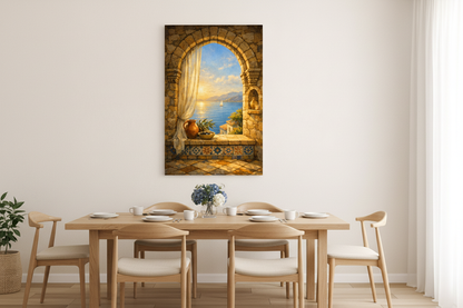 Mediterranean sunset archway canvas print in minimalist coastal dining room with oak table and blue and white flowers - Portugal Canvas Co