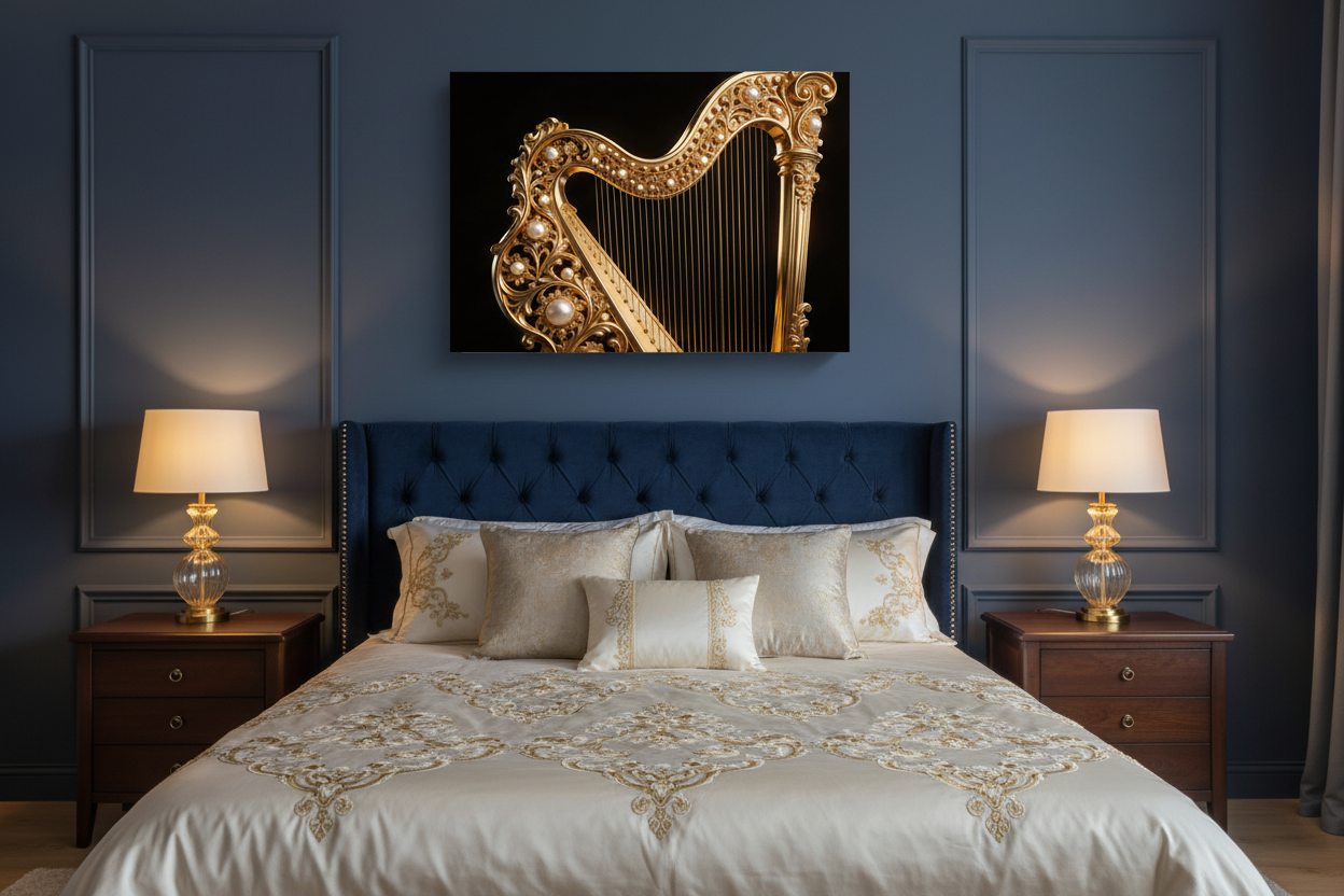 Divine Golden Harp canvas wall art with ornate golden harp pearl embellishments and filigree detail on black background displayed above a bed in a luxurious dark bedroom with navy walls and gold accents - Portugal Canvas Co