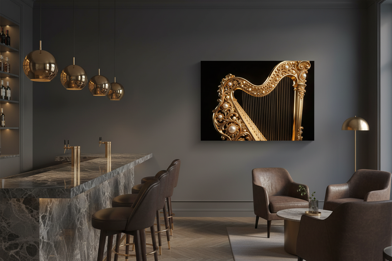Divine Golden Harp canvas wall art with ornate golden harp pearl embellishments and filigree detail on black background displayed on the feature wall of an elegant upscale bar lounge with dark walls marble countertops and gold pendant lighting - Portugal Canvas Co