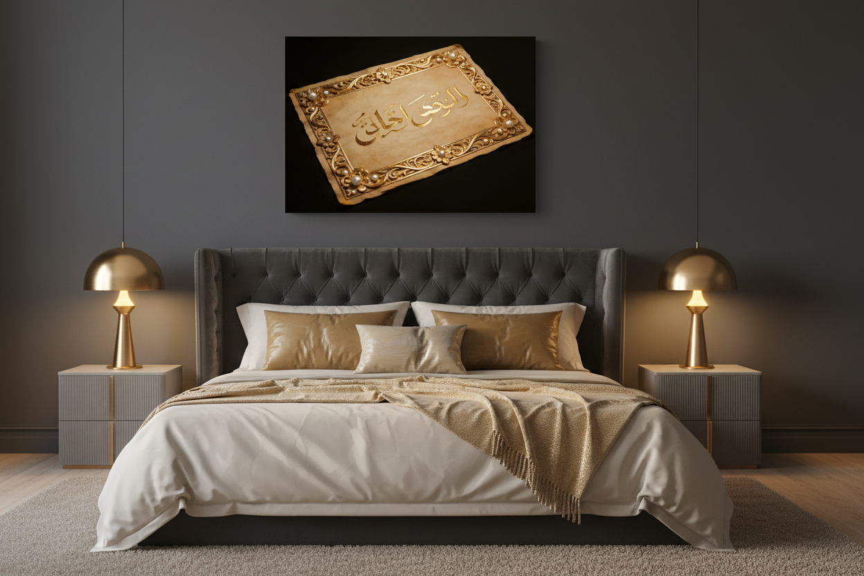 Divine Golden Scroll canvas wall art with ornate golden scroll calligraphy inscription and pearl embellishments on black background displayed above a bed in a sophisticated dark bedroom with charcoal walls and gold accents - Portugal Canvas Co