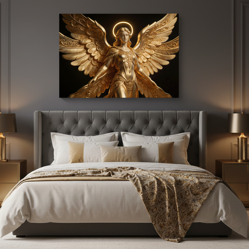 Divine Golden Seraph canvas wall art with ornate golden angel wings and glowing halo on dark background displayed above a bed in a luxurious dark bedroom with charcoal walls and gold accents - Portugal Canvas Co