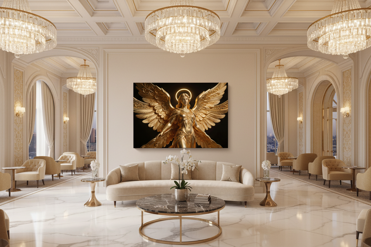 Divine Golden Seraph canvas wall art with ornate golden angel wings and glowing halo on dark background displayed on the feature wall of a grand luxury hotel lobby with marble floors and crystal chandeliers - Portugal Canvas Co