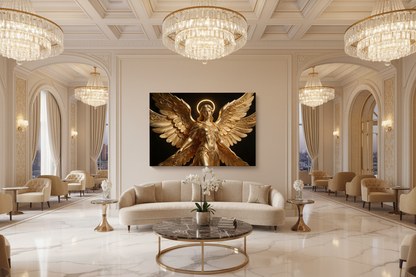 Divine Golden Seraph canvas wall art with ornate golden angel wings and glowing halo on dark background displayed on the feature wall of a grand luxury hotel lobby with marble floors and crystal chandeliers - Portugal Canvas Co