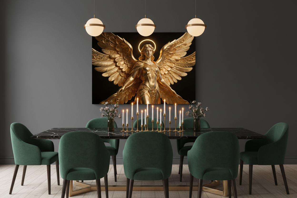 Divine Golden Seraph canvas wall art with ornate golden angel wings and glowing halo on dark background displayed on the wall of a sophisticated dark dining room with velvet chairs and gold candlesticks - Portugal Canvas Co