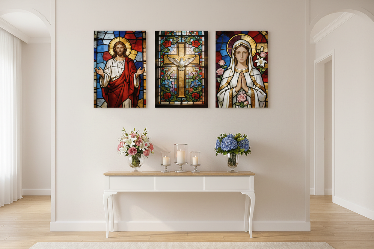 Divine Light stained glass triptych canvas wall art with Jesus, golden cross and Virgin Mary displayed above a console table in a bright hallway - Portugal Canvas Co