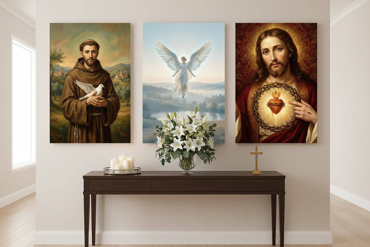 Divine Light celestial canvas collection with Saint Francis, guardian angel and Sacred Heart of Jesus displayed above a console table in a bright hallway - Portugal Canvas Co

