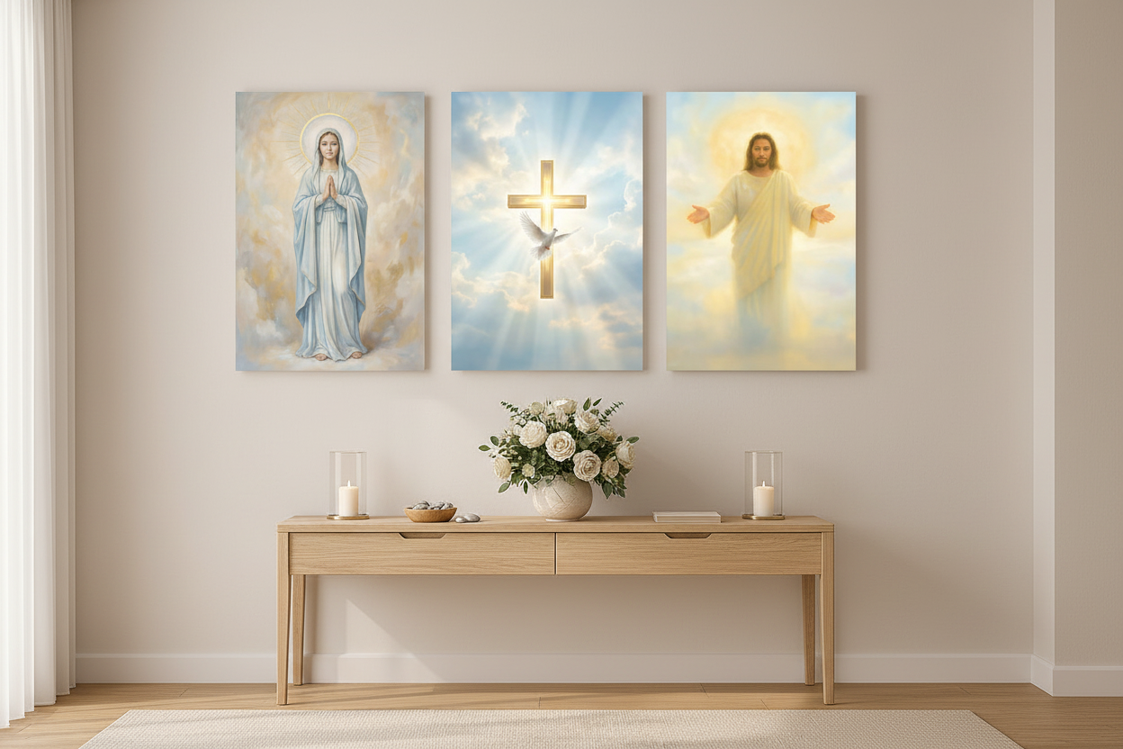 Divine Light celestial triptych canvas wall art with Virgin Mary, golden cross and Jesus displayed above a console table in a bright hallway with candles and flowers - Portugal Canvas Co