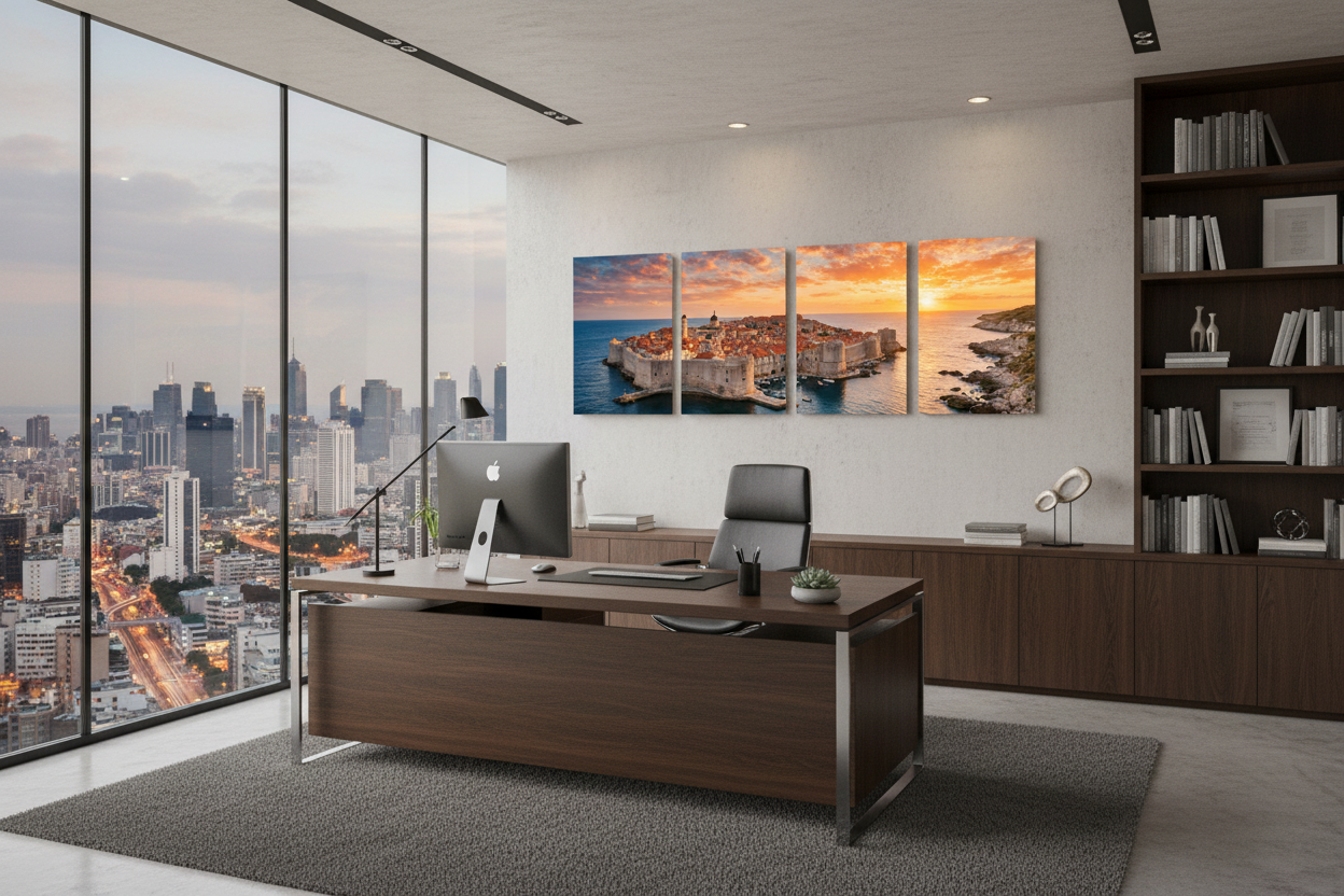  Dubrovnik Old Town sunset four-panel canvas wall art displayed behind an executive desk in a prestigious office with walnut furniture and city skyline views - Portugal Canvas Co