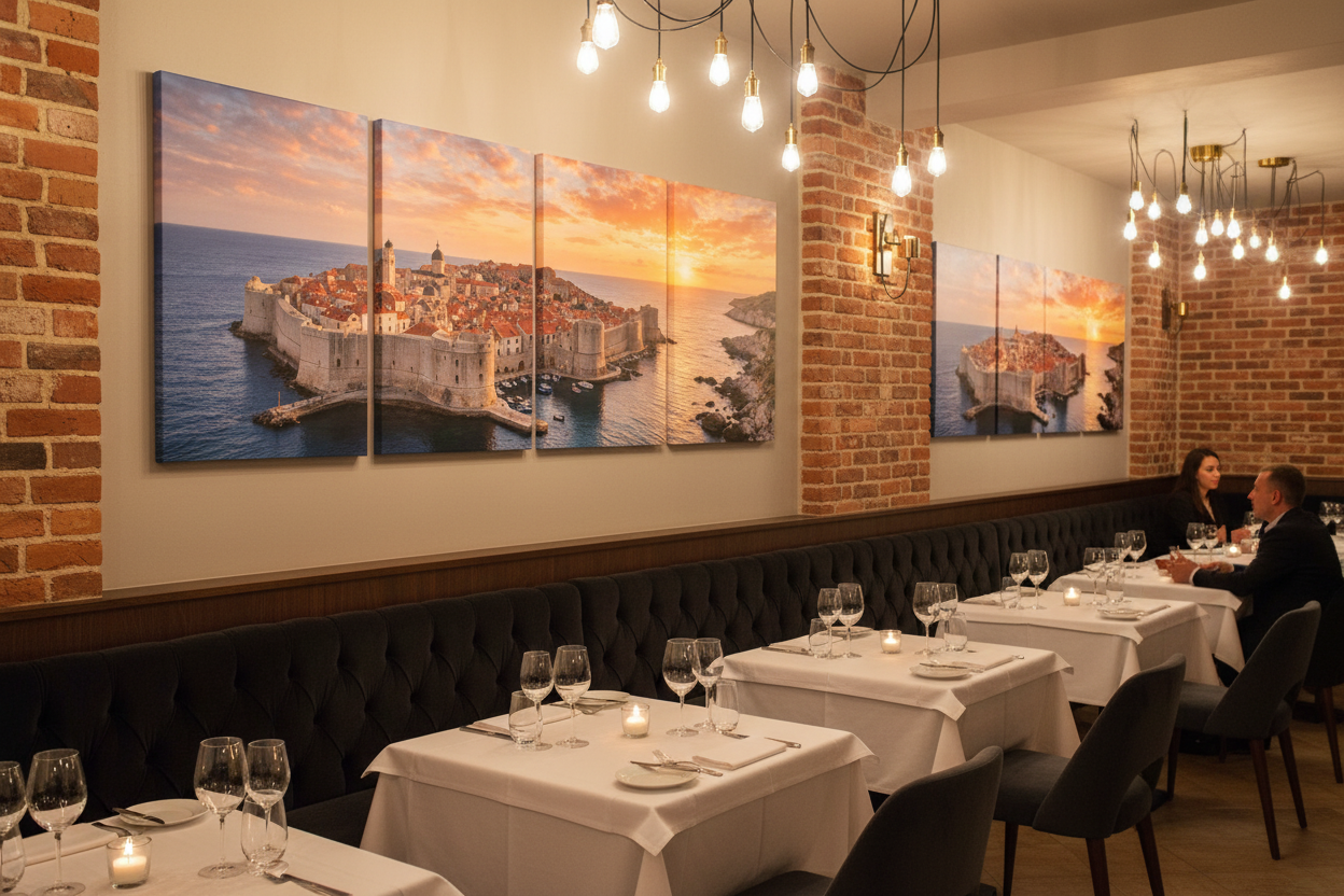 Dubrovnik Old Town sunset four-panel canvas wall art displayed on the feature wall of an upscale restaurant with exposed brick, velvet booths and Edison lighting -