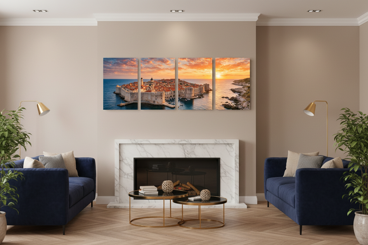 Dubrovnik Old Town sunset four-panel canvas wall art displayed above a marble fireplace in a luxury living room with navy velvet sofa, gold accent tables and herringbone oak floors - Portugal Canvas Co