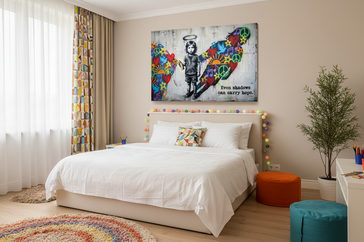 Even Shadows Can Carry Hope Banksy-style graffiti canvas wall art with child, colourful shadow of hearts and doves display - Portugal Canvas Co