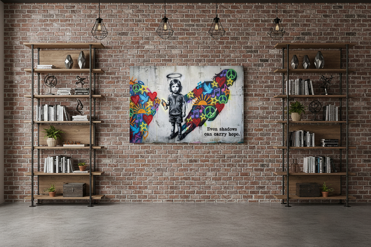 Even Shadows Can Carry Hope Banksy-style graffiti canvas wall art with child, colourful shadow of hearts and doves displayed in a cool urban loft apartment - Portugal Canvas Co
